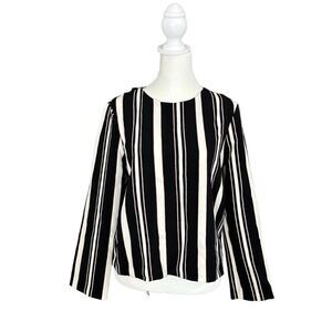Zara Woman Black Red & White Stripe Collarless Cropped Blouse Size Medium